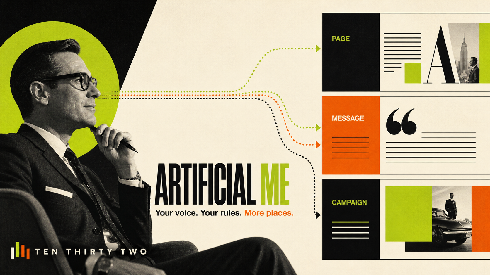 Artificial Me campaign artwork showing one human voice reaching approved pages, messages and campaigns