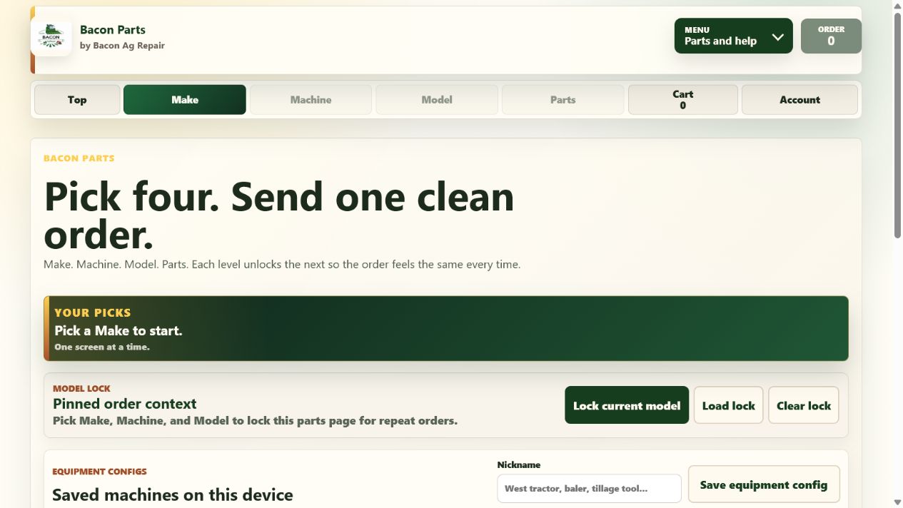 Preview of the Bacon Parts development site for Bacon Ag Repair