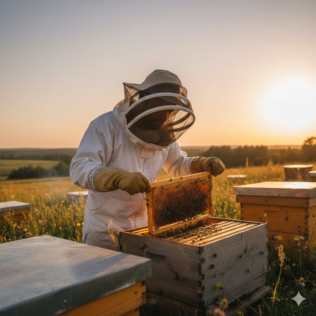 Bella Bees beekeeper inspecting a hive frame in the field.