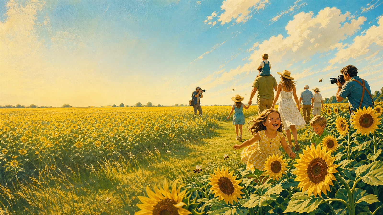 Illustration of families walking through a broad sunflower field while photographers make portraits