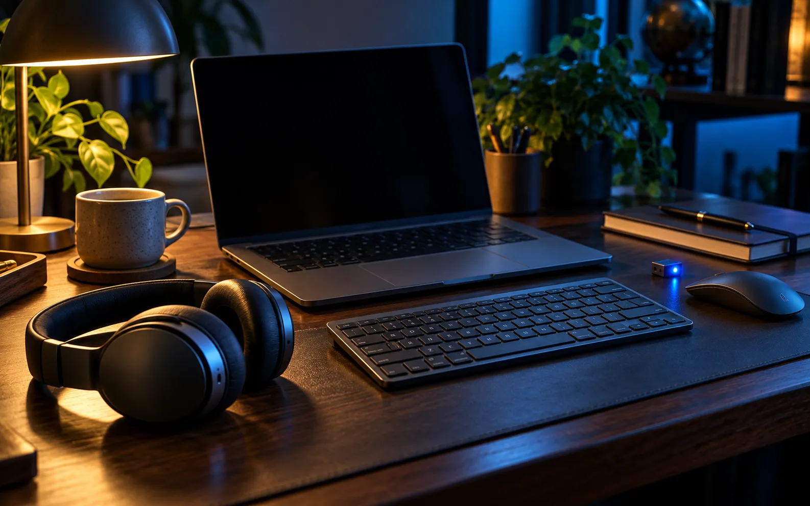 Illustrative desk with a laptop and wireless peripherals