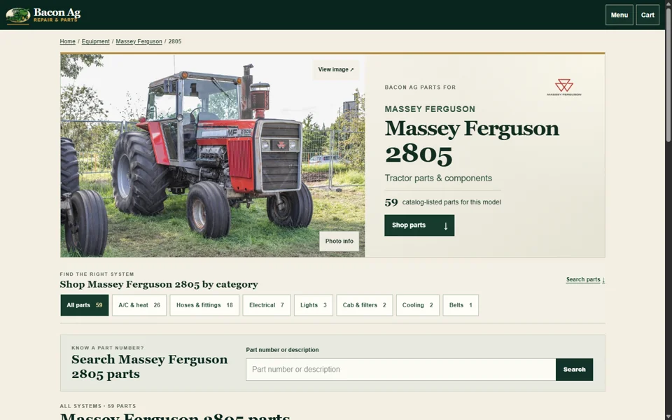 Bacon Ag Repair model page showing parts categories