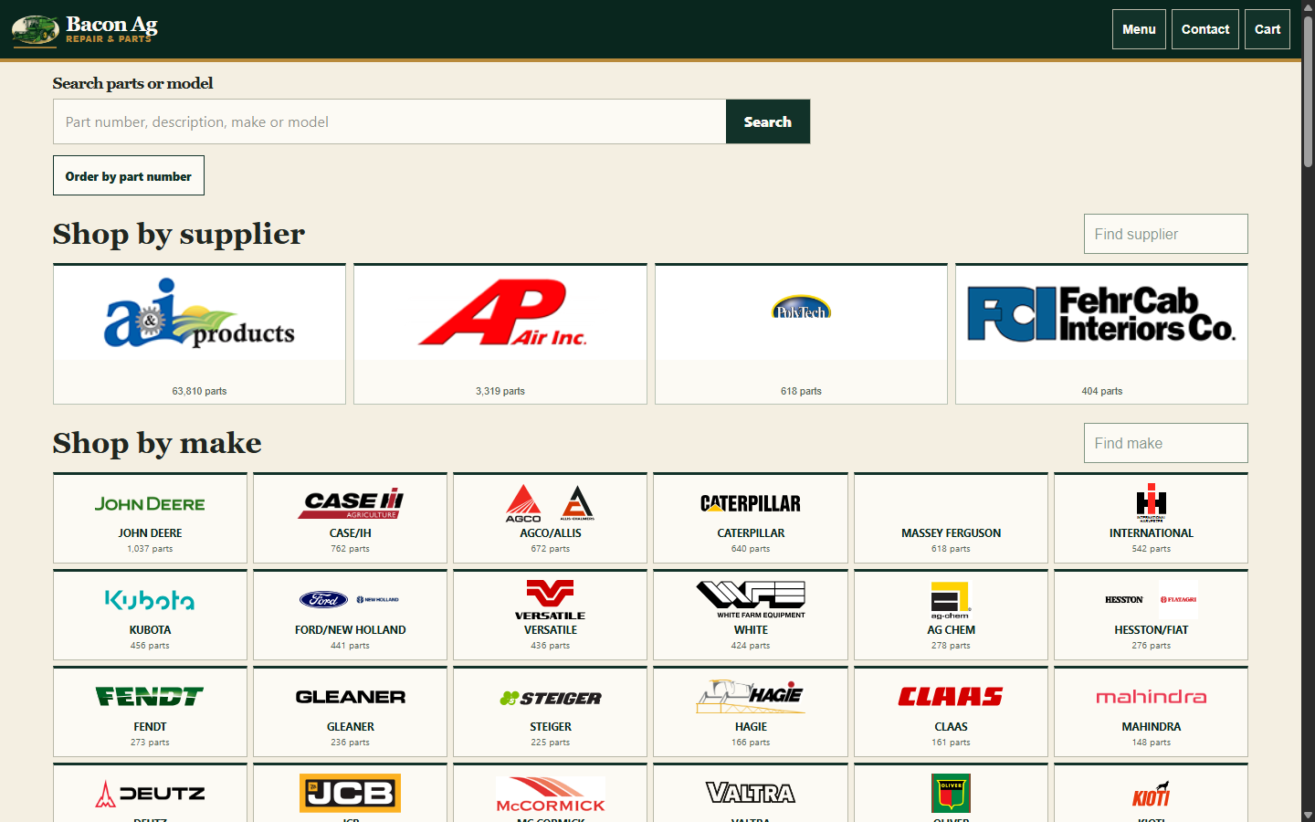 Bacon Ag Repair stage storefront with part search, supplier categories, and equipment makes
