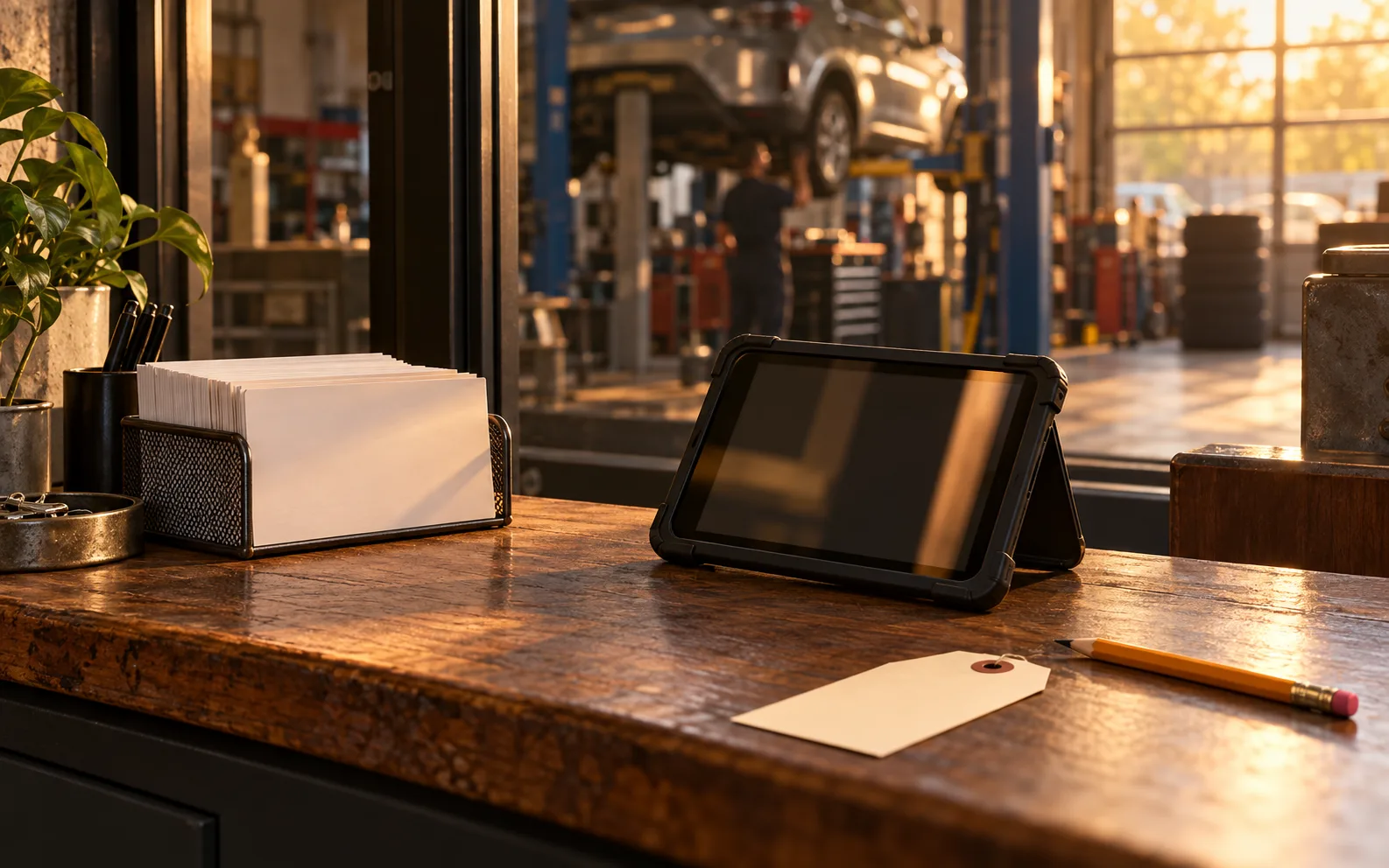 Illustrative repair-shop counter with intake cards and a blank tablet