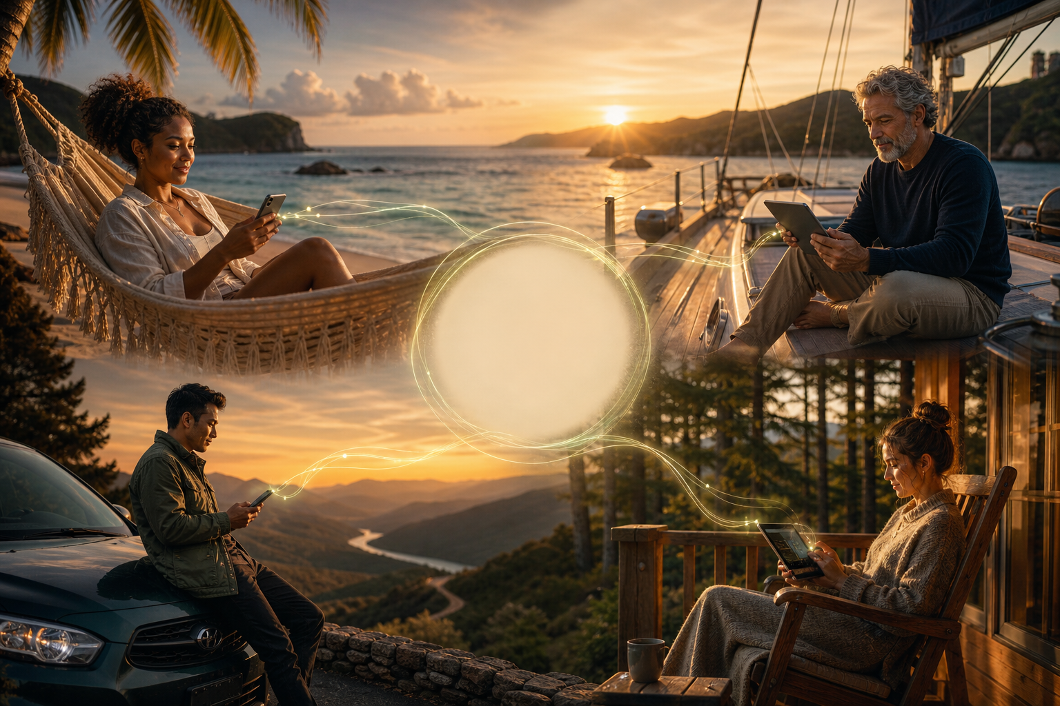 Four people connect from a beach hammock, sailboat, scenic road stop, and forest cabin to Kenneth at the center