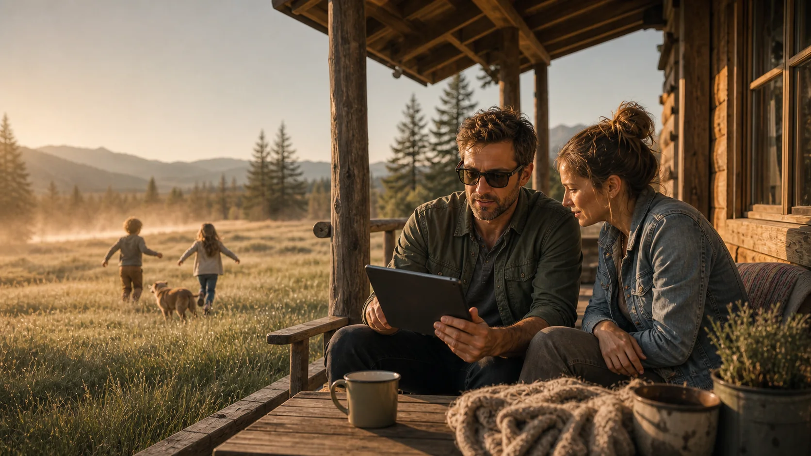 Two owners review work on a tablet while their children play outside a mountain cabin