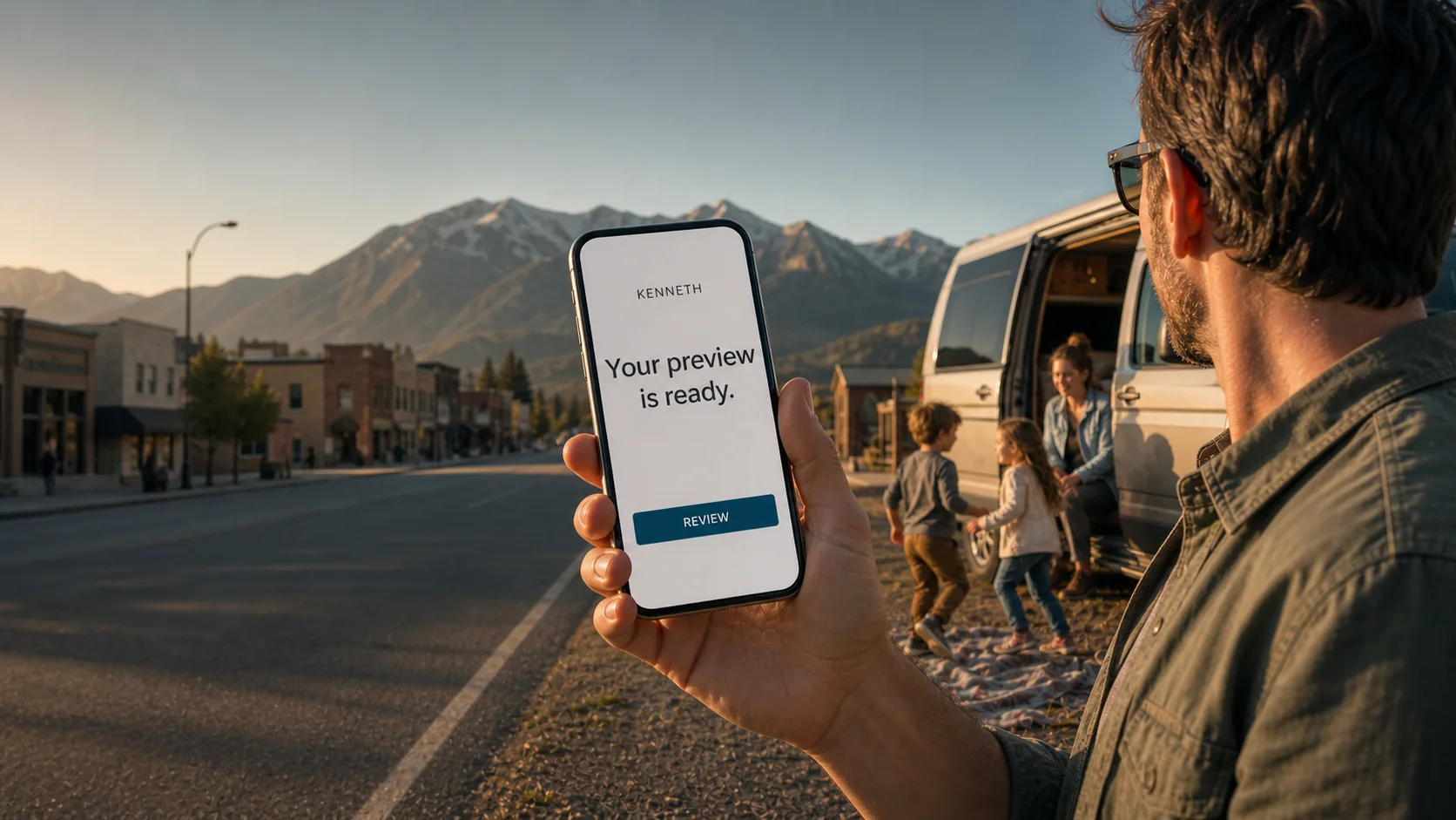 An owner reviews a Kenneth website preview on a phone while traveling with family