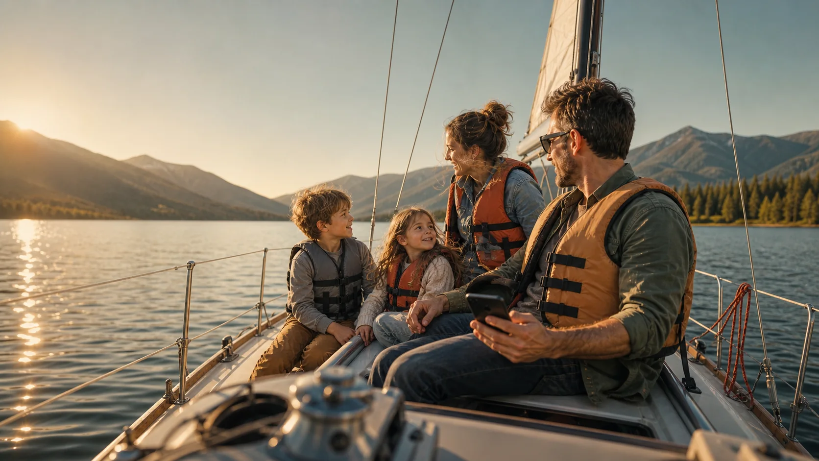 A family shares a calm sunset sail while a parent holds a phone