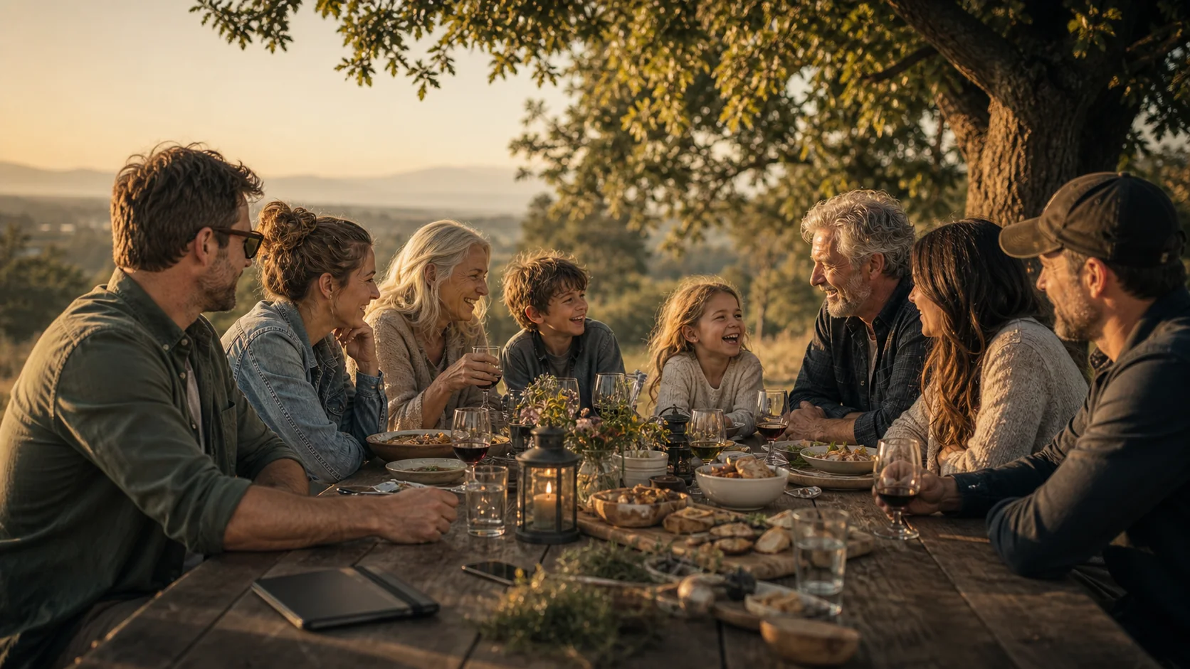 Family and friends share a relaxed outdoor dinner at sunset
