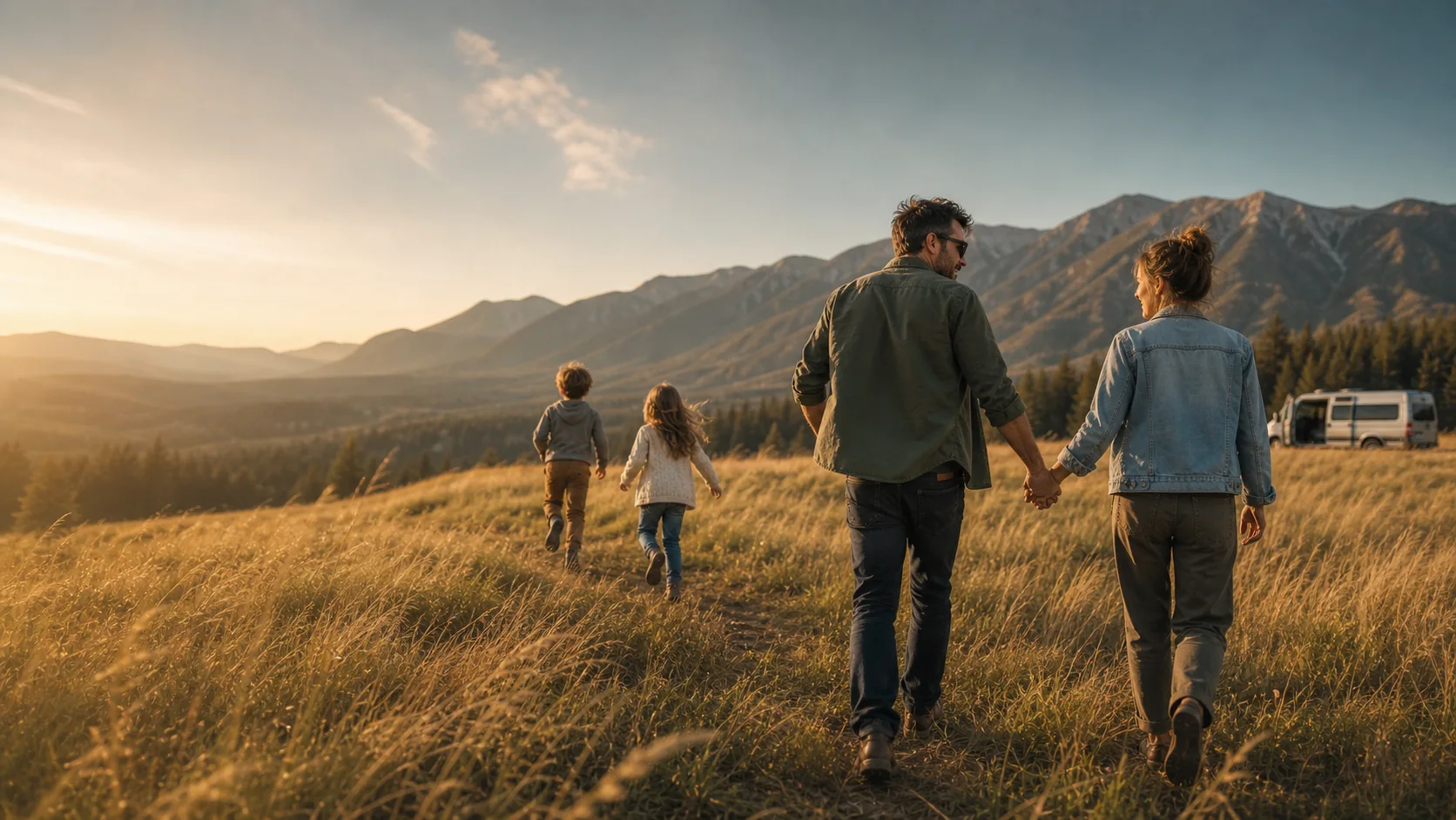 A family walks together through a mountain meadow toward open country