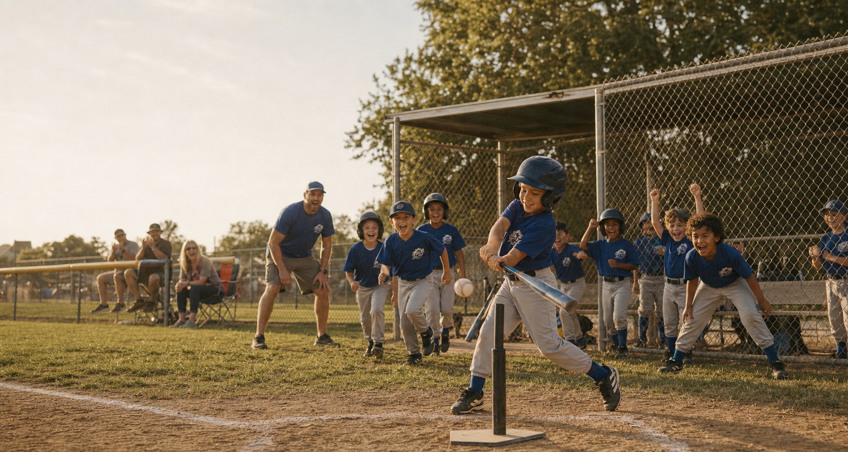 A child connects with a tee-ball while teammates, a coach, and families cheer