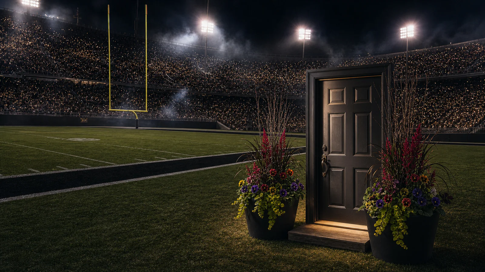 A conceptual night-game stadium scene with a front door and two seasonal flower containers beside the field.