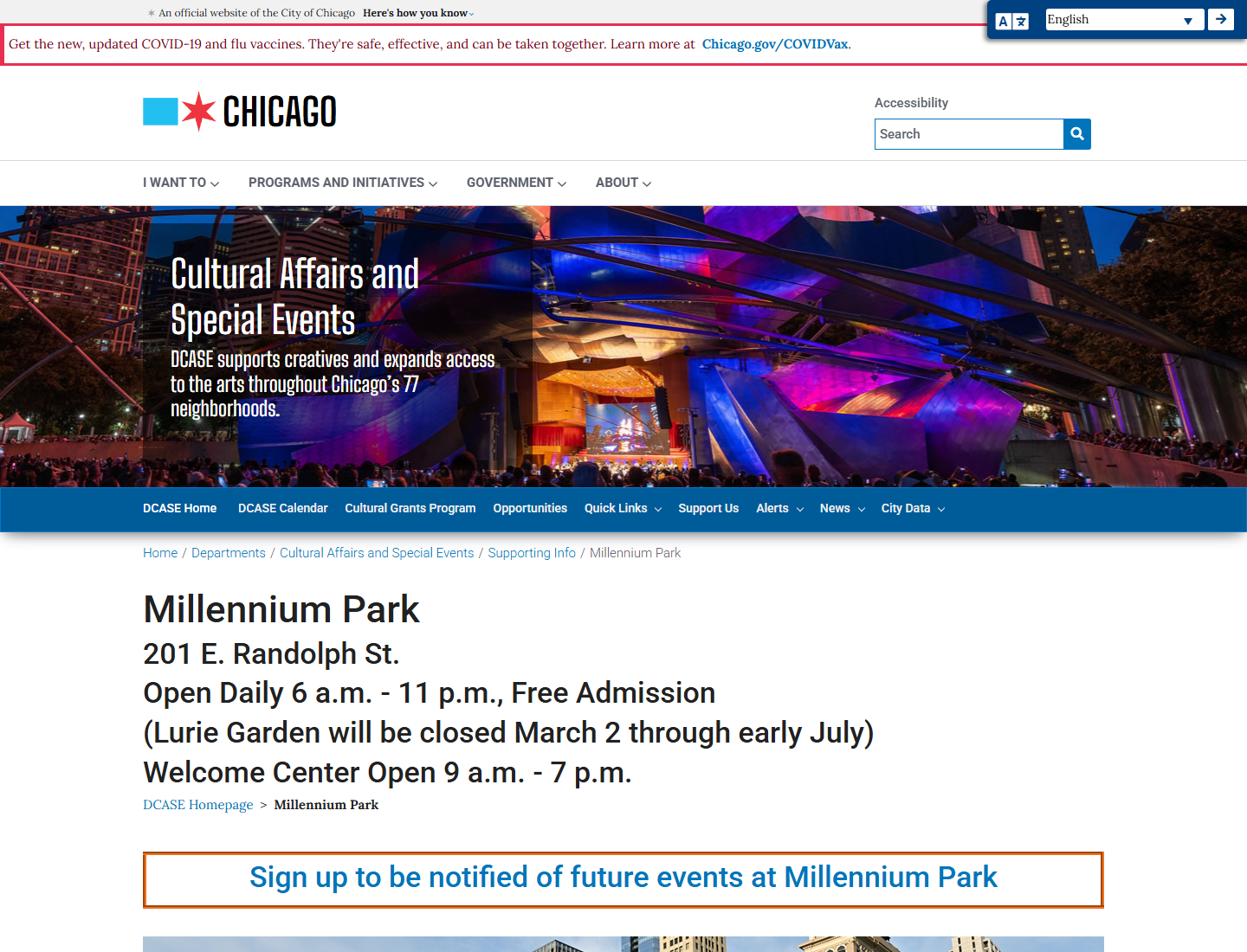 Screenshot of the current Millennium Park page used as the before state for the demo.