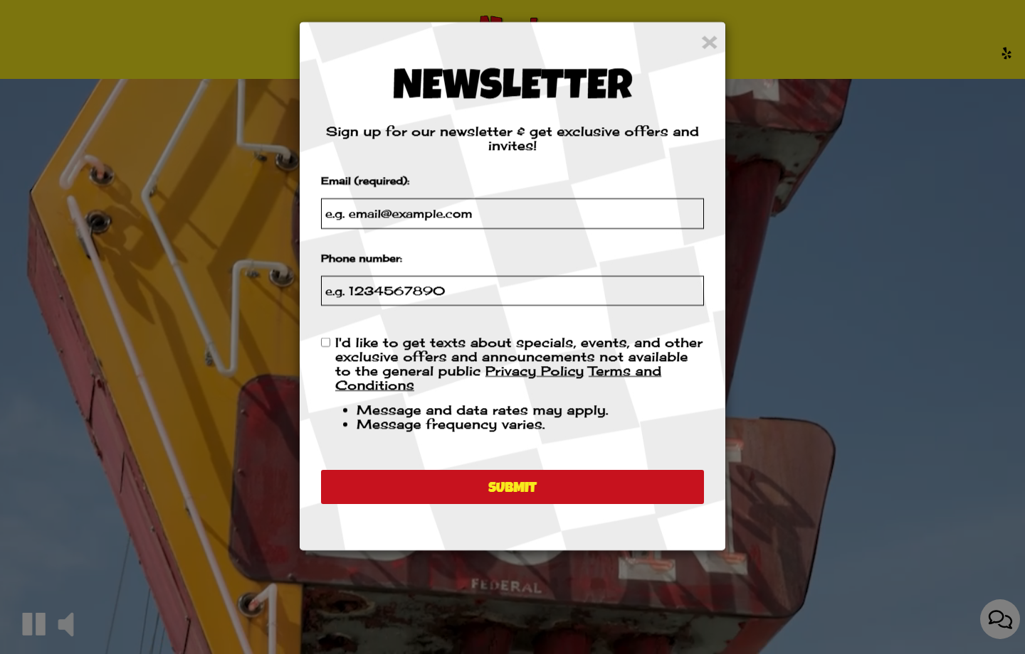 Screenshot of the current Mug-n-Bun homepage first screen with newsletter modal visible.