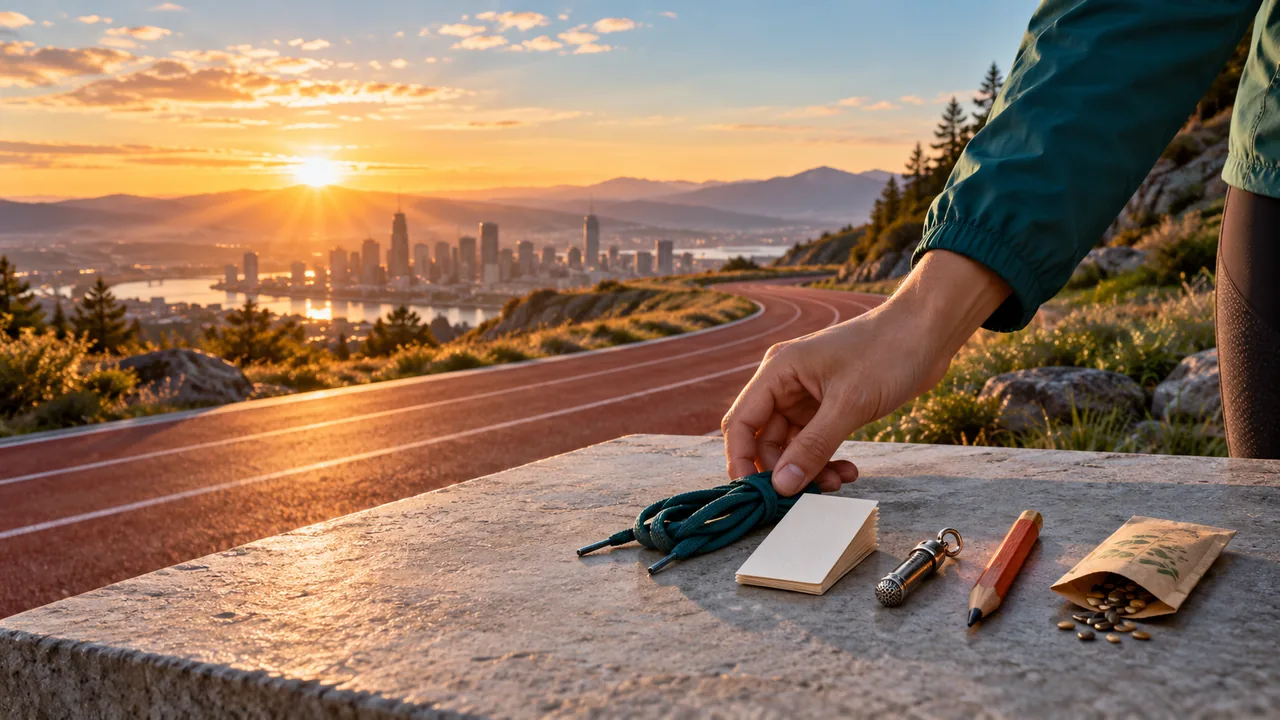 Illustrative running track at sunrise with a person preparing for a new goal