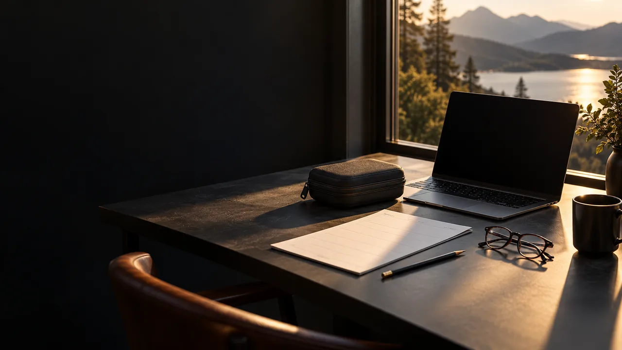 Illustrative recording workstation beside an outdoor view