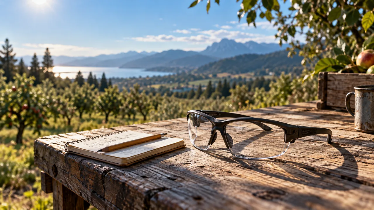 Original concept scene of camera eyewear and a field notebook on an outdoor worktable