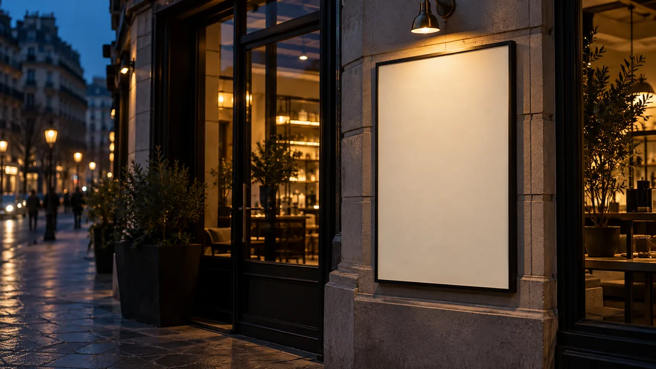 Illustrative storefront entrance with a blank campaign sign