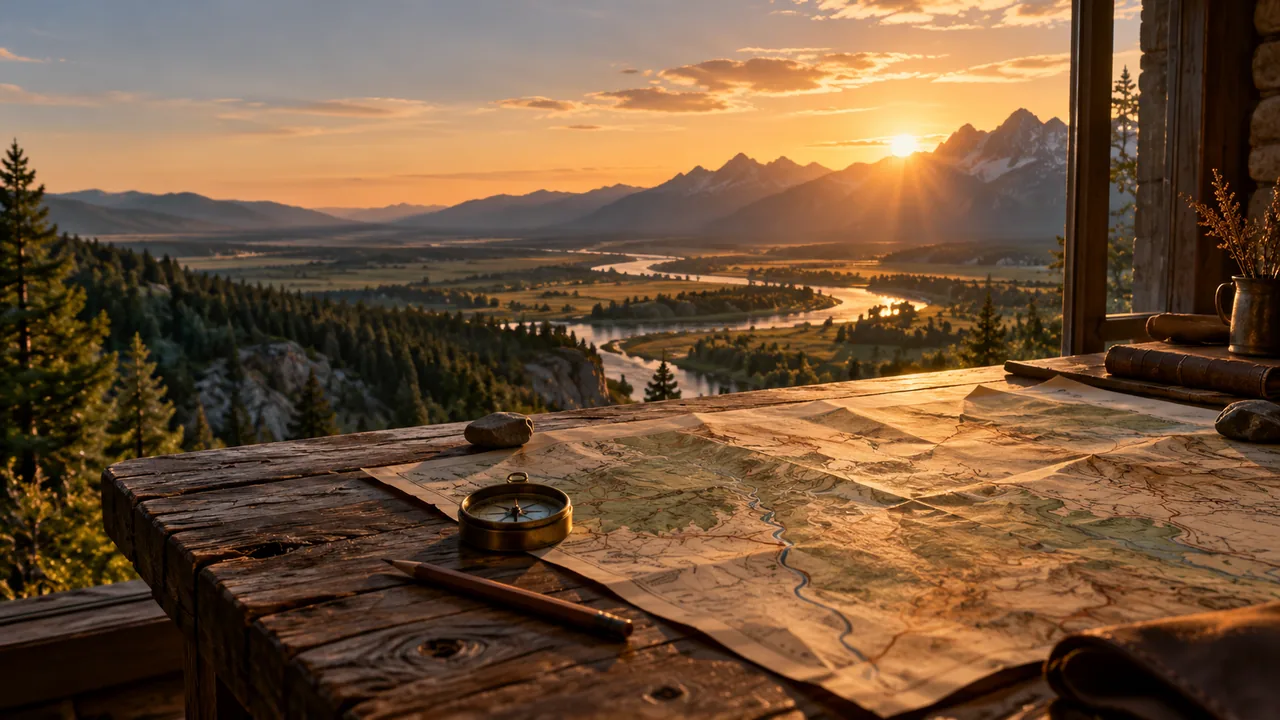 Original concept scene of a map and compass overlooking a mountain river valley at sunset