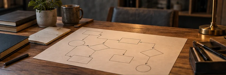 Concept photograph of a workflow map drawn on a desk
