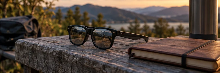 Conceptual unbranded glasses and a notebook at an outdoor field-testing bench