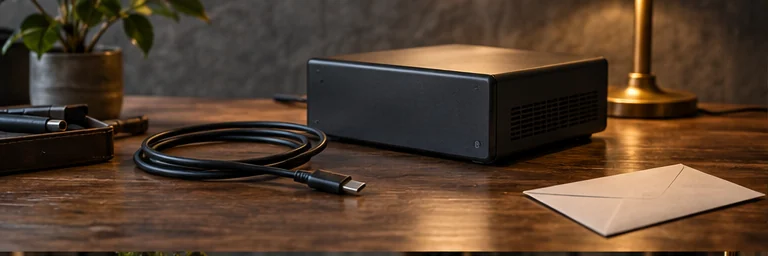 Illustrative private device and cable on a worktable