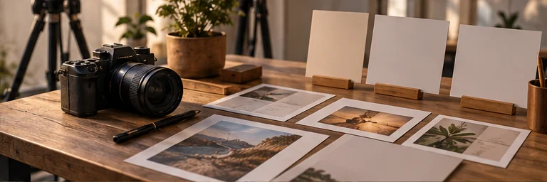 Conceptual editorial table with a camera and selected images prepared for review
