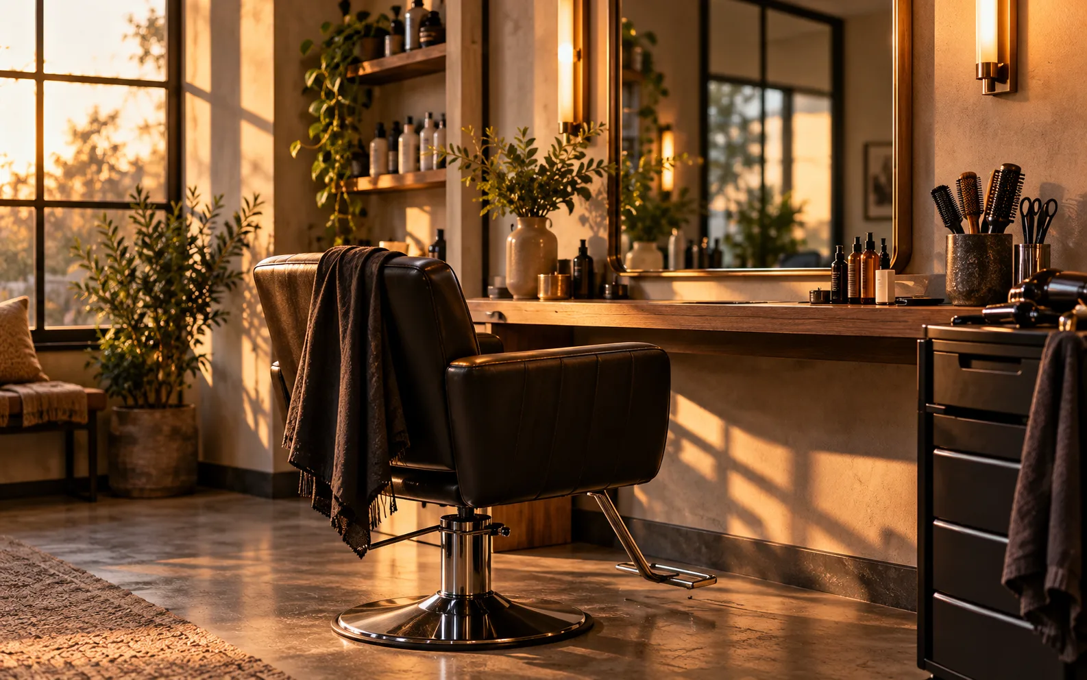Illustrative independent hair salon with an empty styling chair