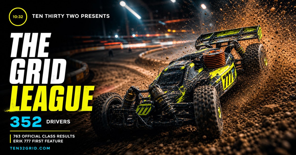The Grid League RC race cars charging through dirt under arena lights