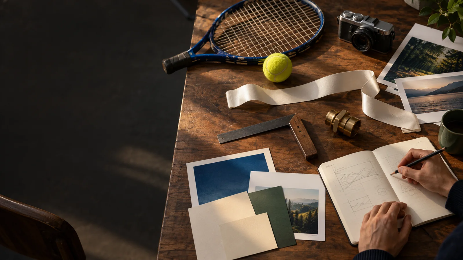 Illustrative worktable with a tennis racket, camera, photographs and planning notebook