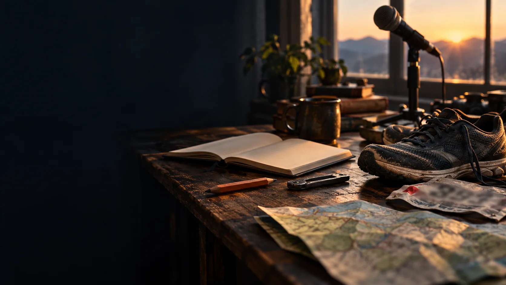 Concept scene with a notebook, running shoes, and a microphone at sunset